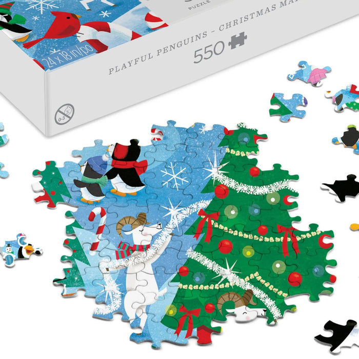 Playful Penguins Christmas Mart Fun 550-piece jigsaw puzzle featuring cheerful penguins enjoying a festive Christmas market scene.