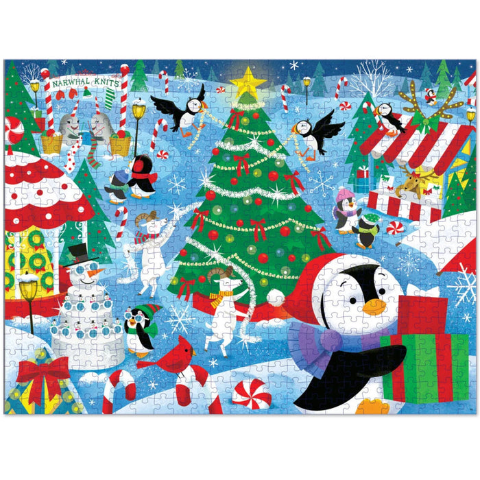 Playful Penguins Christmas Mart Fun 550-piece jigsaw puzzle featuring cheerful penguins enjoying a festive Christmas market scene.