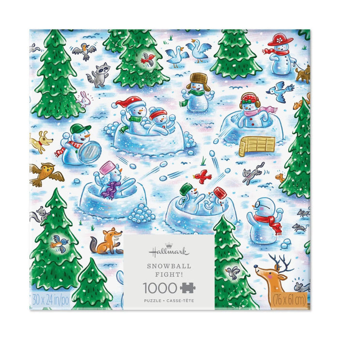 Snowball Fight! 1000-piece jigsaw puzzle featuring a lively winter scene with people enjoying a playful snowball fight.