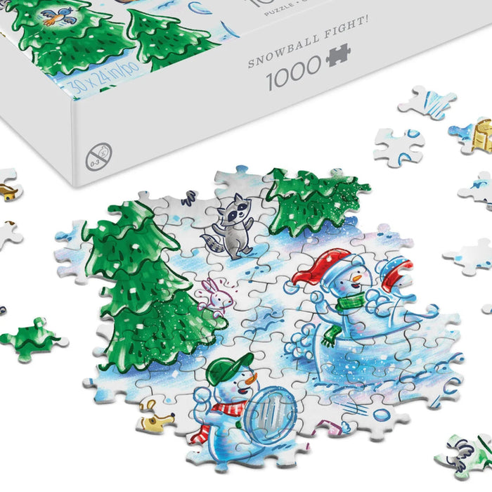 Snowball Fight! 1000-piece jigsaw puzzle featuring a lively winter scene with people enjoying a playful snowball fight.