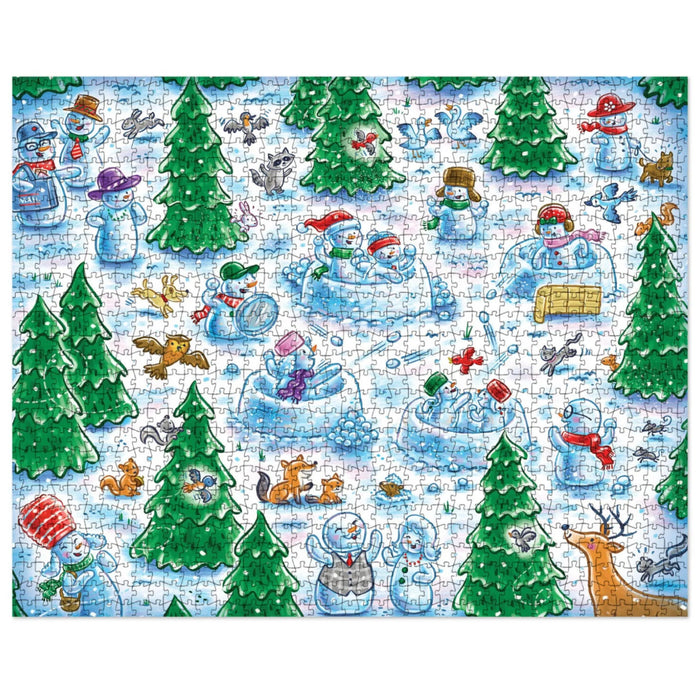 Snowball Fight! 1000-piece jigsaw puzzle featuring a lively winter scene with people enjoying a playful snowball fight.