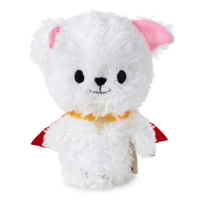 itty bittys Krypto the Superdog plush with bright white fur, embroidered face, red cape, and one ear raised