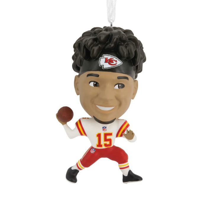 NFL Kansas City Chiefs Patrick Mahomes II bobblehead-style Hallmark ornament featuring the football star in team-inspired design.