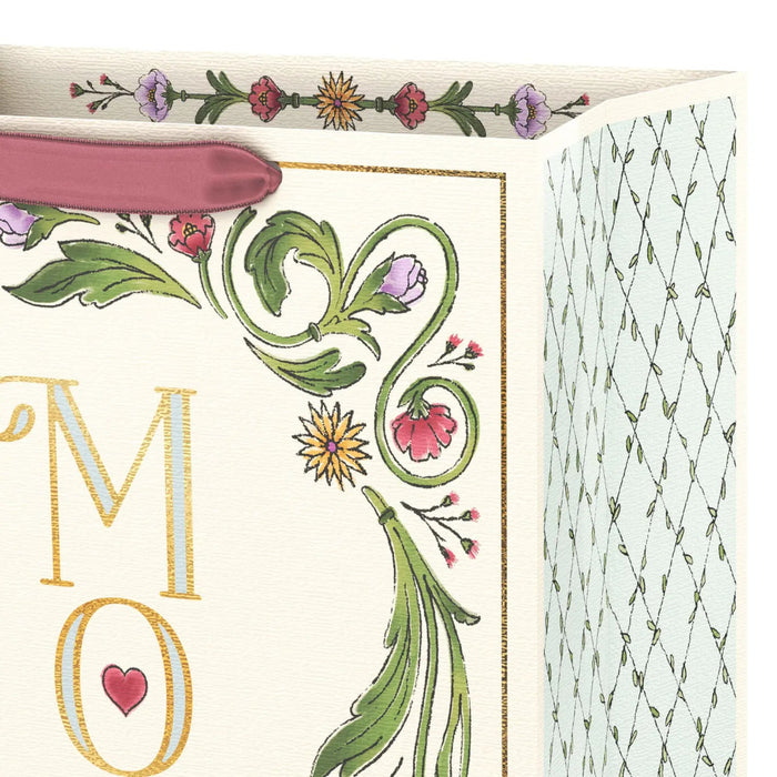 Close up of floral linen-textured gift bag 