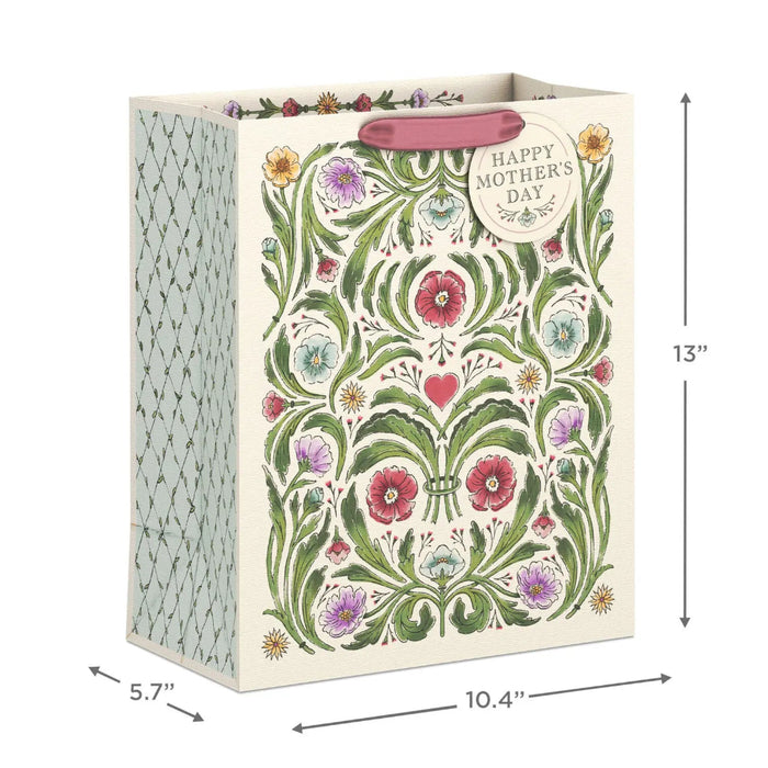 Large ivory botanical Mother’s Day gift bag, 10.4" × 13" × 5.7"