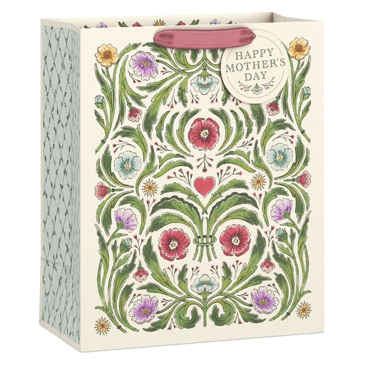 Large ivory Mother’s Day gift bag with vintage botanical illustration, symmetrical leaves and flowers, trellis‑patterned gussets, linen‑textured finish, and round “Happy Mother’s Day” tag