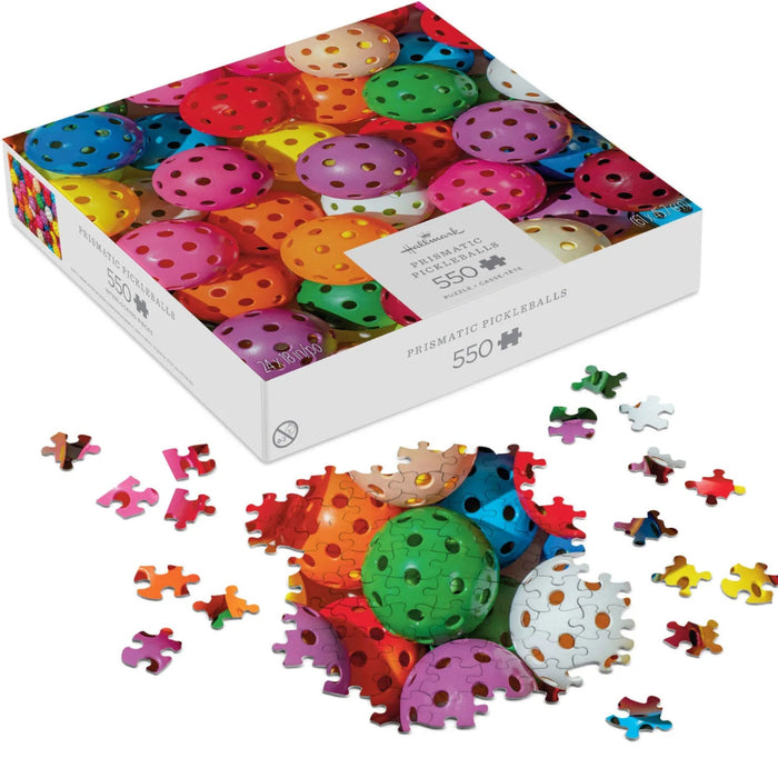 Prismatic Pickleballs 550-piece jigsaw puzzle featuring a colorful pattern of vibrant pickleballs.