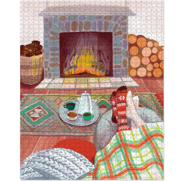 Let's Get Cozy Fireside Scene 1000-piece jigsaw puzzle featuring a warm and inviting fireside home scene.