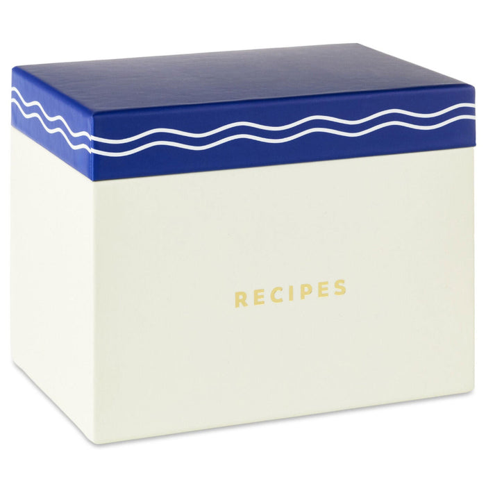 Blue and White Recipe Organizer Box With Recipe Cards