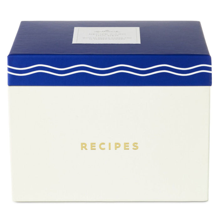Blue and White Recipe Organizer Box With Recipe Cards