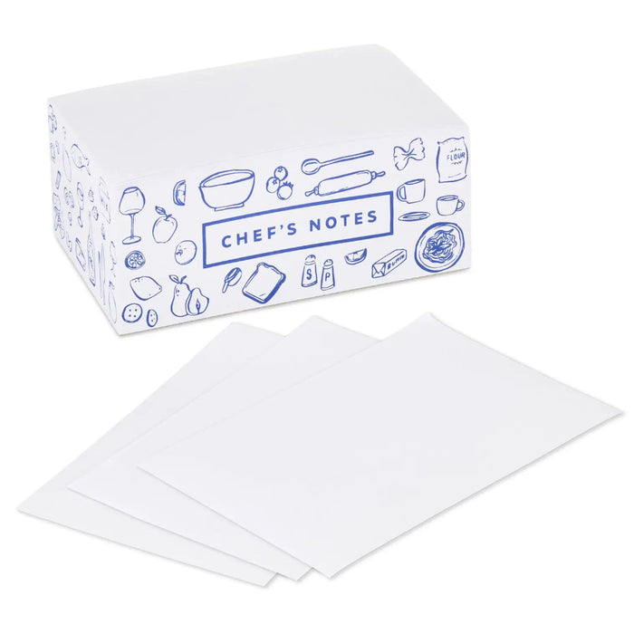 “Chef’s Notes” memo pad with food doodle borders displayed beside blank note cards