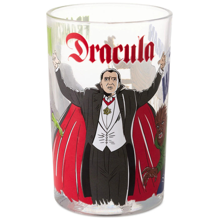 Universal Monsters Collectible Drinking Glass 13.5 oz featuring classic horror monster artwork on durable clear glass, perfect for collectors, Halloween décor, and everyday beverage use.