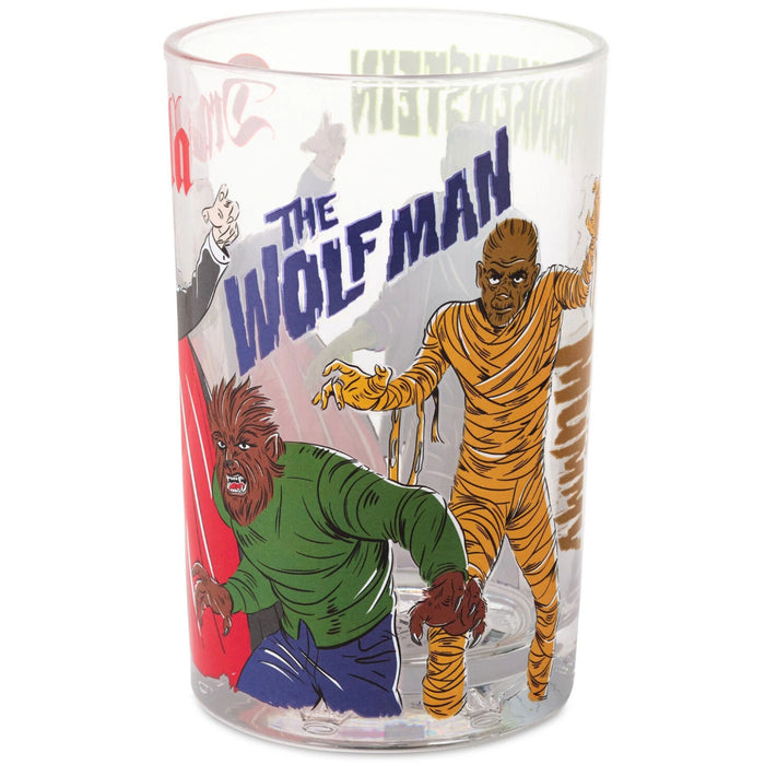 Universal Monsters Collectible Drinking Glass 13.5 oz featuring classic horror monster artwork on durable clear glass, perfect for collectors, Halloween décor, and everyday beverage use.