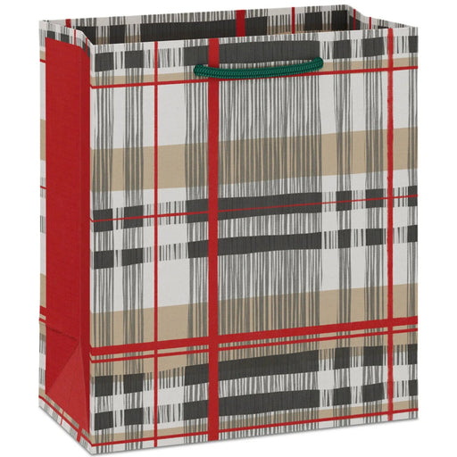 6.5-inch small Christmas gift bag featuring a khaki, red, and gray plaid pattern for festive holiday gift wrapping.