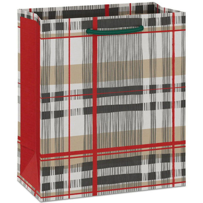 6.5-inch small Christmas gift bag featuring a khaki, red, and gray plaid pattern for festive holiday gift wrapping.