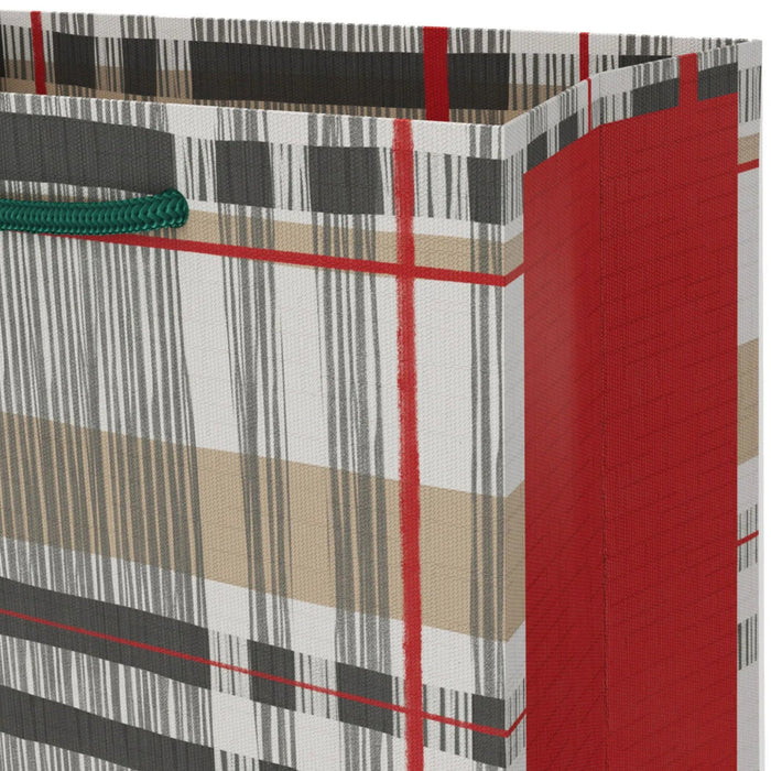 6.5-inch small Christmas gift bag featuring a khaki, red, and gray plaid pattern for festive holiday gift wrapping.