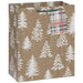 9.6-inch medium Christmas gift bag featuring white trees on a woodgrain kraft background with an included gift tag.