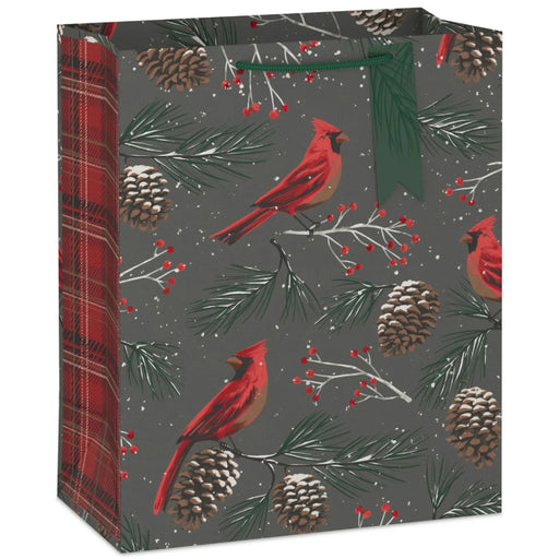 13-inch large Christmas gift bag featuring cardinals and pine cones on a gray background with an included gift tag.