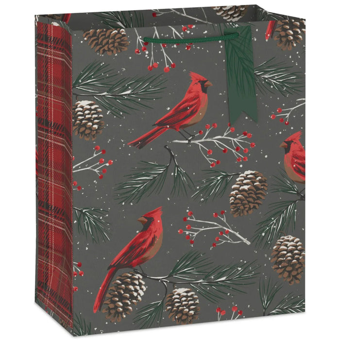 13-inch large Christmas gift bag featuring cardinals and pine cones on a gray background with an included gift tag.