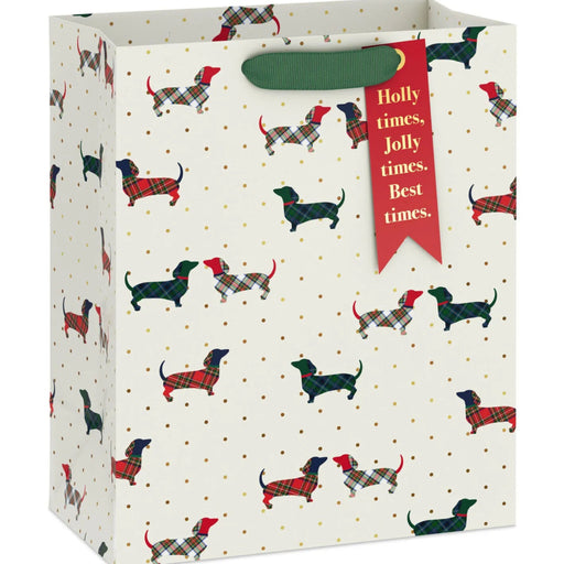 9.6-inch medium Christmas gift bag featuring plaid dachshunds on an ivory background with a festive holiday design.