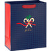 9.6-inch medium Christmas gift bag featuring a navy blue houndstooth pattern with festive candy cane accents.