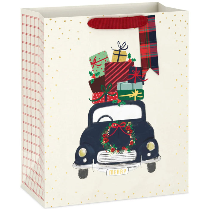 13-inch large Christmas gift bag featuring a vintage car design on a cream background with classic holiday charm.