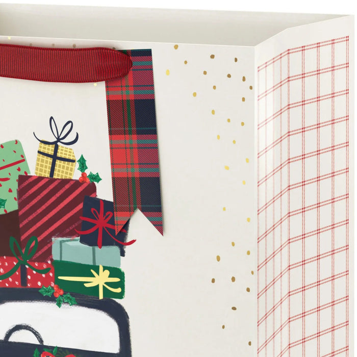 13-inch large Christmas gift bag featuring a vintage car design on a cream background with classic holiday charm.