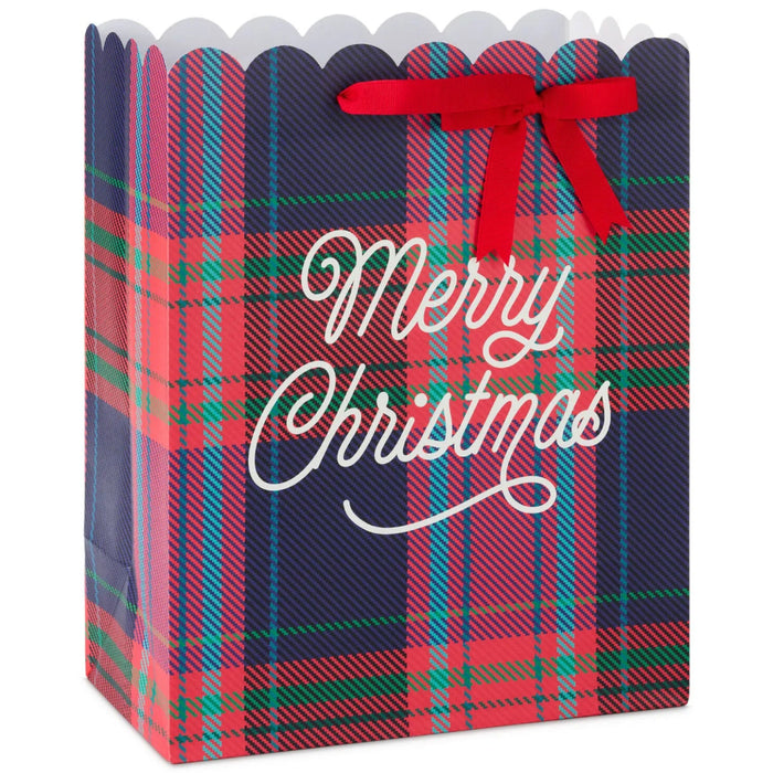13-inch large Christmas gift bag featuring a scalloped red plaid design for classic holiday gift presentation.