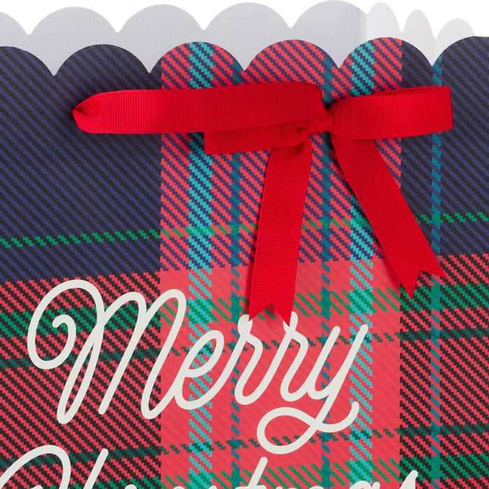 13-inch large Christmas gift bag featuring a scalloped red plaid design for classic holiday gift presentation.