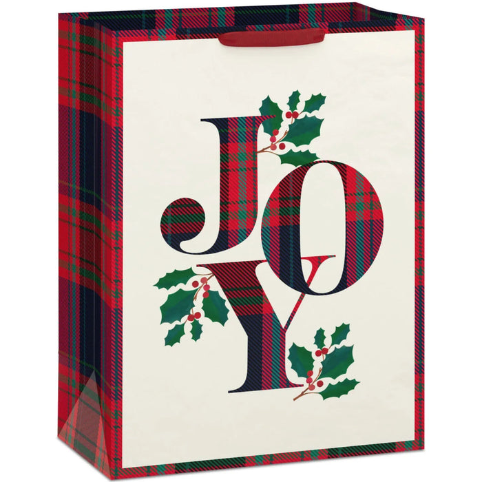 Plaid Joy jumbo Christmas gift bag featuring a classic plaid pattern and festive “Joy” message for holiday gift wrapping.