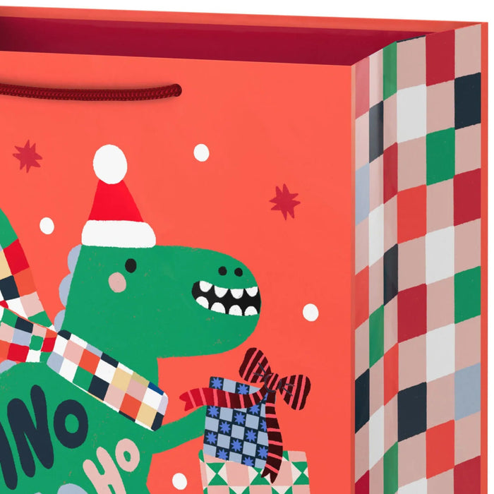 13-inch large Christmas gift bag featuring playful dinosaurs and a festive “Ho Ho Ho” message.