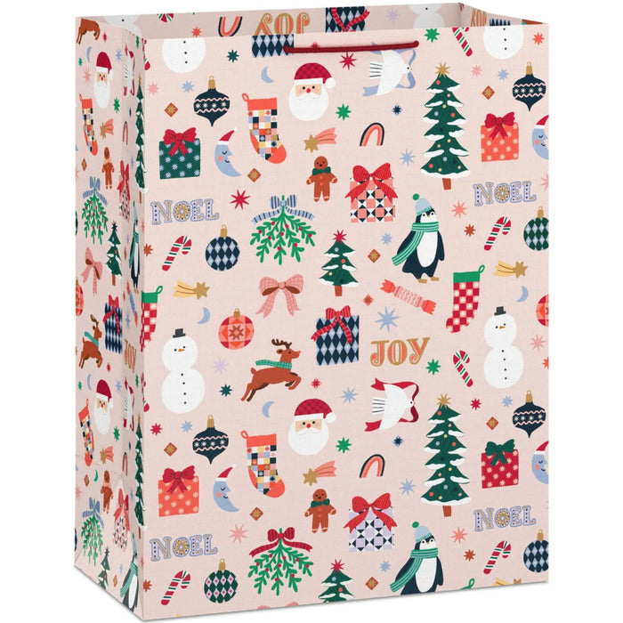 Jumbo blush Christmas gift bag featuring cozy seasonal icons for festive holiday gift giving