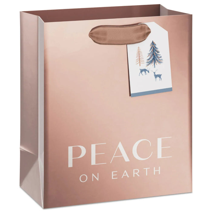 6.5-inch rose gold Peace on Earth Christmas gift bag with gift tag for small holiday presents