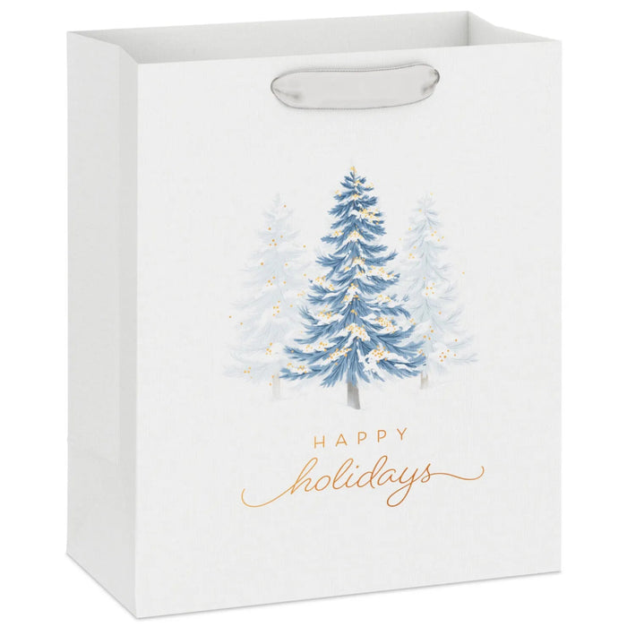 9.6-inch medium white Christmas gift bag featuring snowy tree designs for holiday gifting