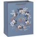 13-inch large icy blue Christmas gift bag featuring cozy cottage designs for holiday gifting
