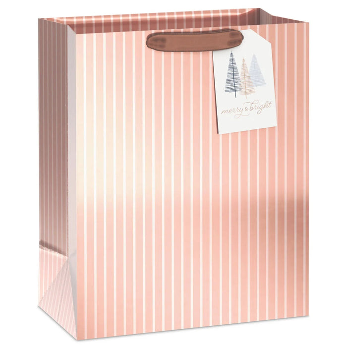 13-inch large Christmas gift bag with elegant rose gold stripes and a gift tag.