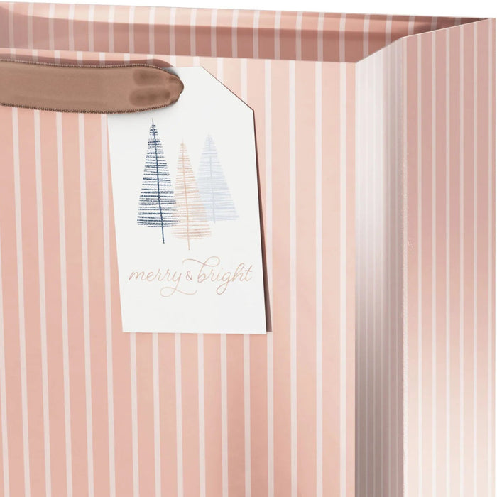 13-inch large Christmas gift bag with elegant rose gold stripes and a gift tag.