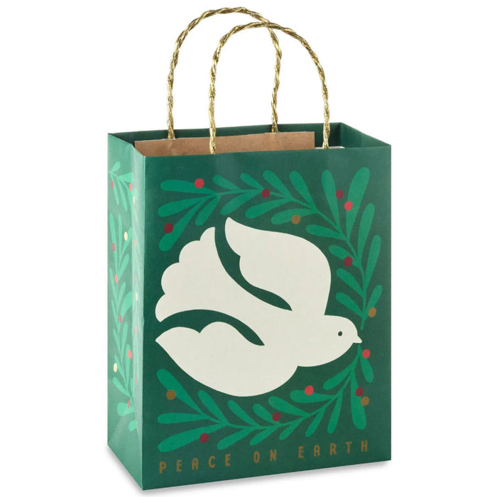 9.6-inch medium green Christmas gift bag featuring a peaceful white dove design.