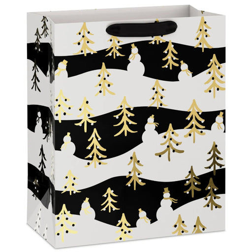 13-inch large Christmas gift bag featuring gold trees on a black and white background.