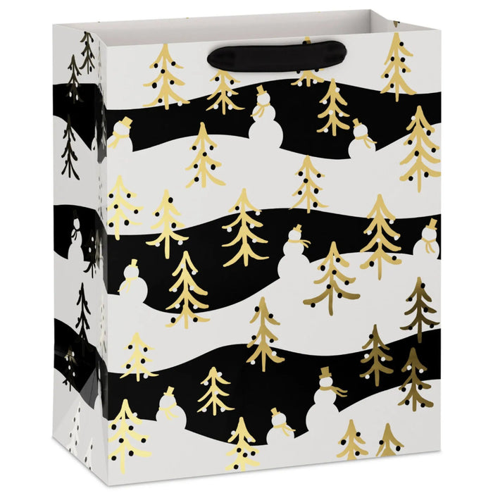 13-inch large Christmas gift bag featuring gold trees on a black and white background.