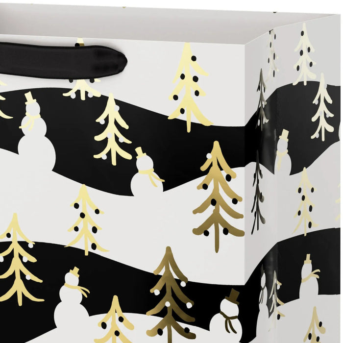 13-inch large Christmas gift bag featuring gold trees on a black and white background.