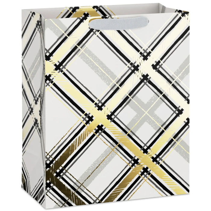 13-inch large holiday gift bag featuring black and gold plaid on a white background.