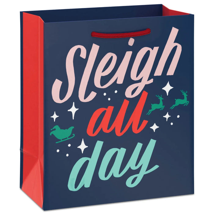 6.5-inch small Christmas gift bag featuring a festive “Sleigh All Day” message.