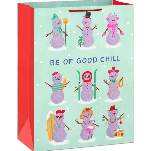 Jumbo Christmas gift bag featuring a playful “Be of Good Chill” message with glitter accents.