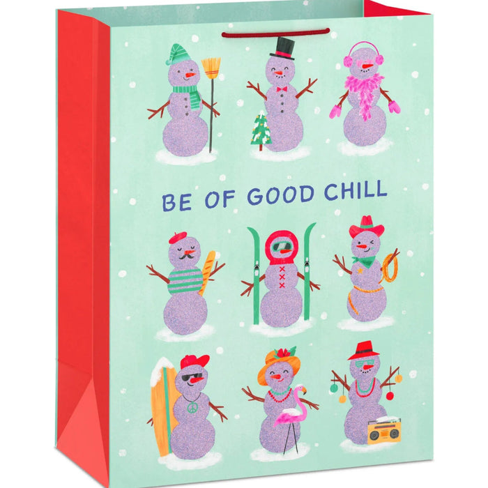 Jumbo Christmas gift bag featuring a playful “Be of Good Chill” message with glitter accents.