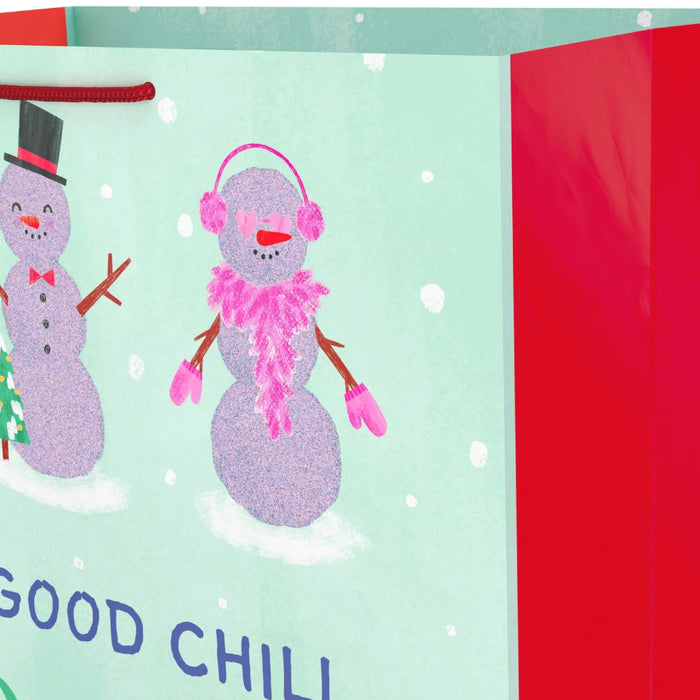 Jumbo Christmas gift bag featuring a playful “Be of Good Chill” message with glitter accents.
