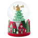 Christmas-themed snow globe with a tree, houses, and reindeer on a white background