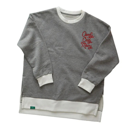 Gray Holiday Hallmark sweatshirt with red text and white trim on a white background