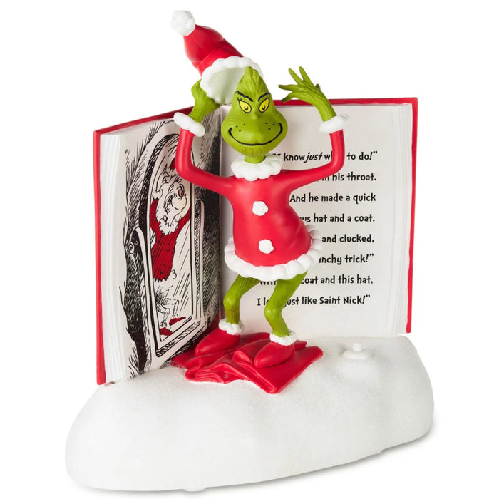 Dr. Seuss's How the Grinch Stole Christmas!™ Grinchy Trick 7.5-inch storybook figurine with sound for festive holiday décor.