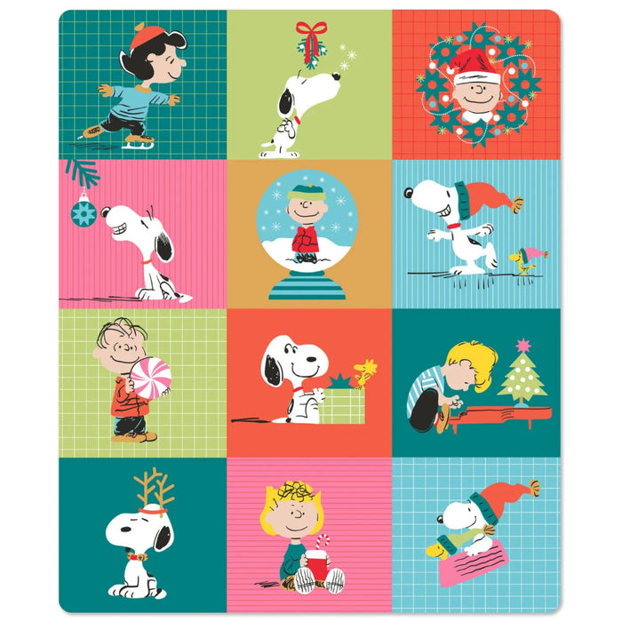 Peanuts Holiday Patchwork Throw Blanket measuring 50 x 60 inches with festive Christmas design
